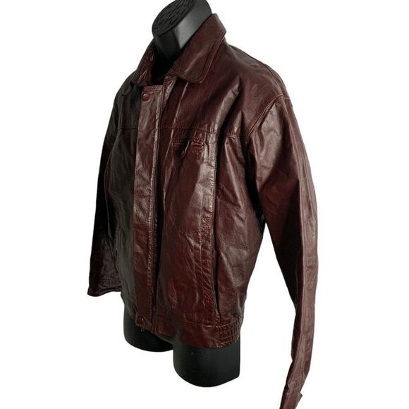 Vintage 70s 80s Leather Bomber Jacket L Maroon Red Zip Snap Elastic Waist - Picture 5 of 7